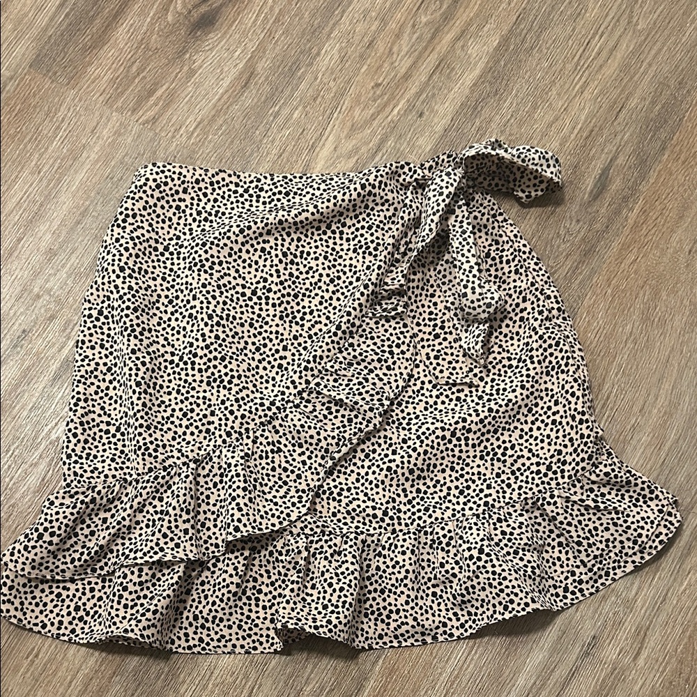 Beige and Black Polka Dot Ruffle Wrap Mini Skirt
